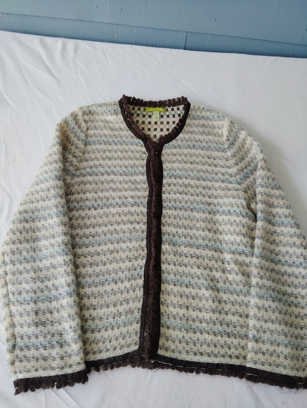 Sigrid Olsen Cream Cardigan with Light Blue and Brown Trim L